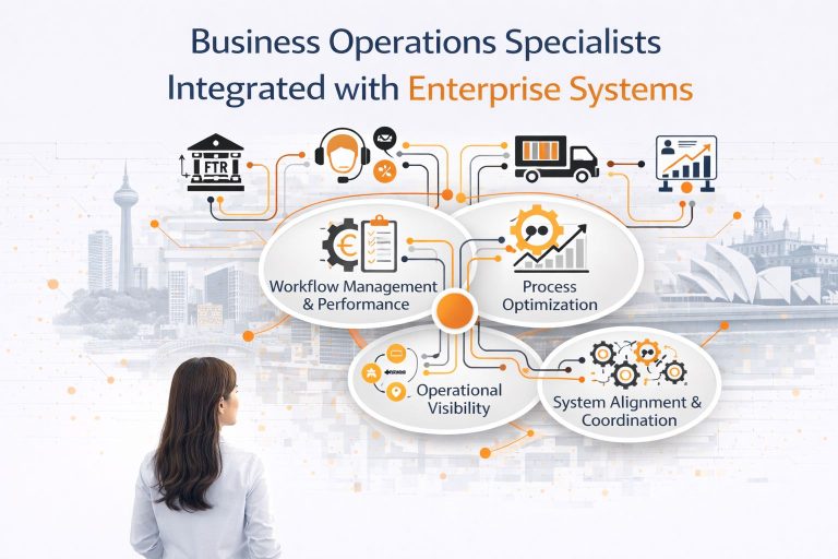 Business operations specialists improving workflows and integrating enterprise systems for operational efficiency