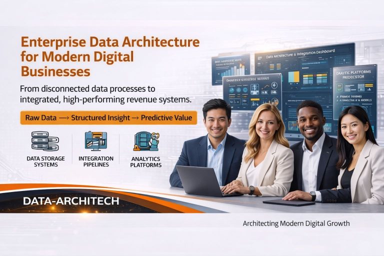 Enterprise data architecture diagram showing data flow, storage systems, analytics and governance in modern businesses