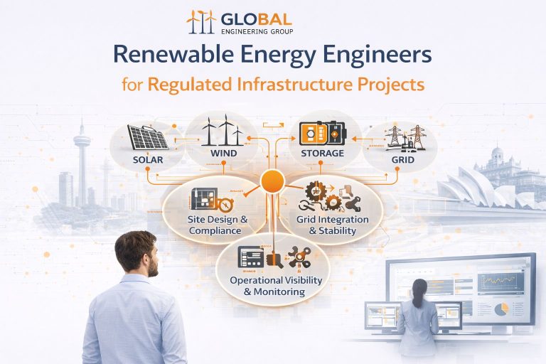 renewable energy engineers designing solar wind storage and grid integration systems for regulated infrastructure projects
